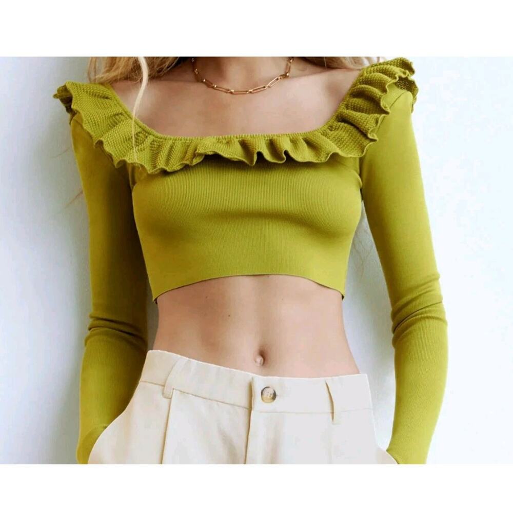 Vesstique Sweater Womens Large Green Ruffle Collar Off Shoulder Pullover Top